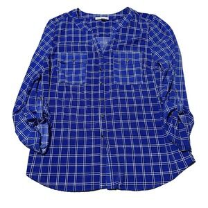 Notations Blue White Windowpane Plaid Button Front Blouse Roll Tab Sleeve Size L